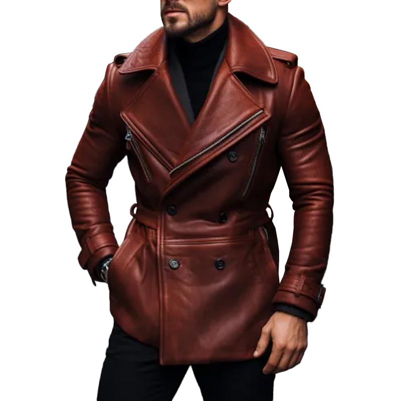Men's Vintage Notched Lapel Double Breasted Belt Leather Coat 9261100662968