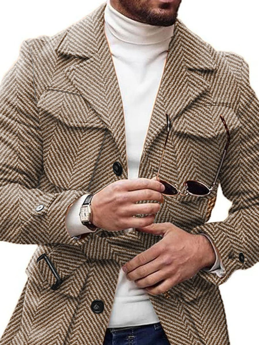 Men's Vintage 4-Pocket Lapel Lace-Up Casual Herringbone Woolen Coat 9888735166648