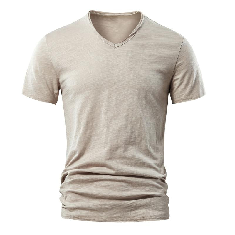 Men's Solid Color Slub Cotton V-neck Short-sleeved T-shirt 9261136904376