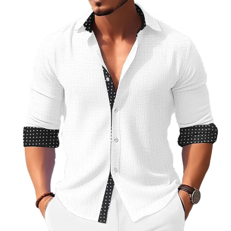 Men's Casual Polka Dot Print Paneled Lapel Long Sleeve Shirt 9261778632888