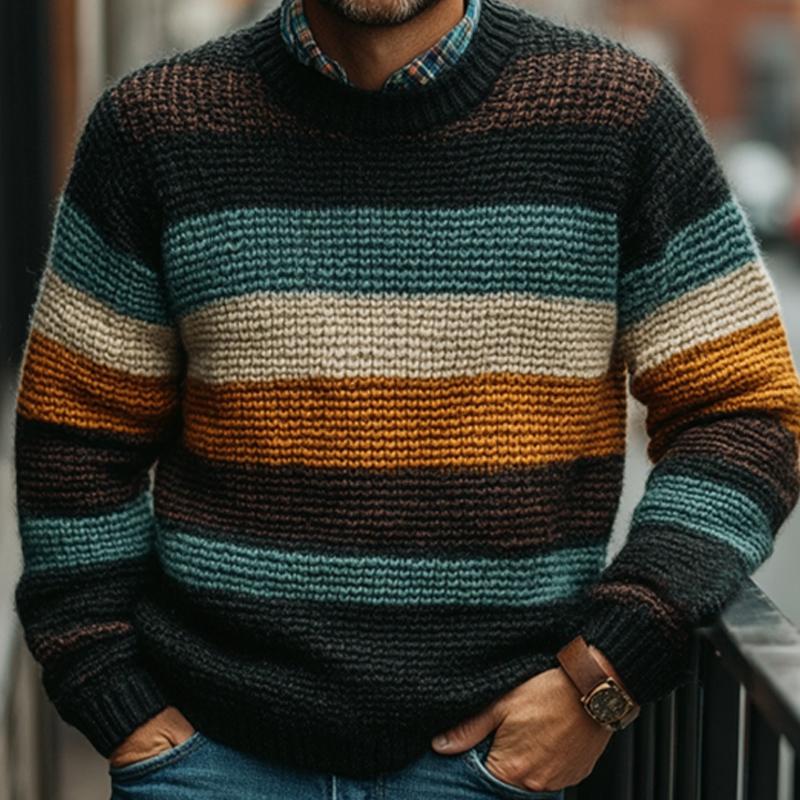 Men's Multicolor Line Crew Neck Knit Sweater 9877215150264