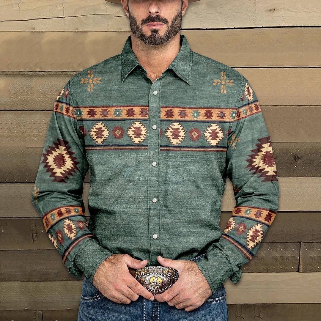 Men's Western Denim Print Lapel Long Sleeve Shirt 9261779583160