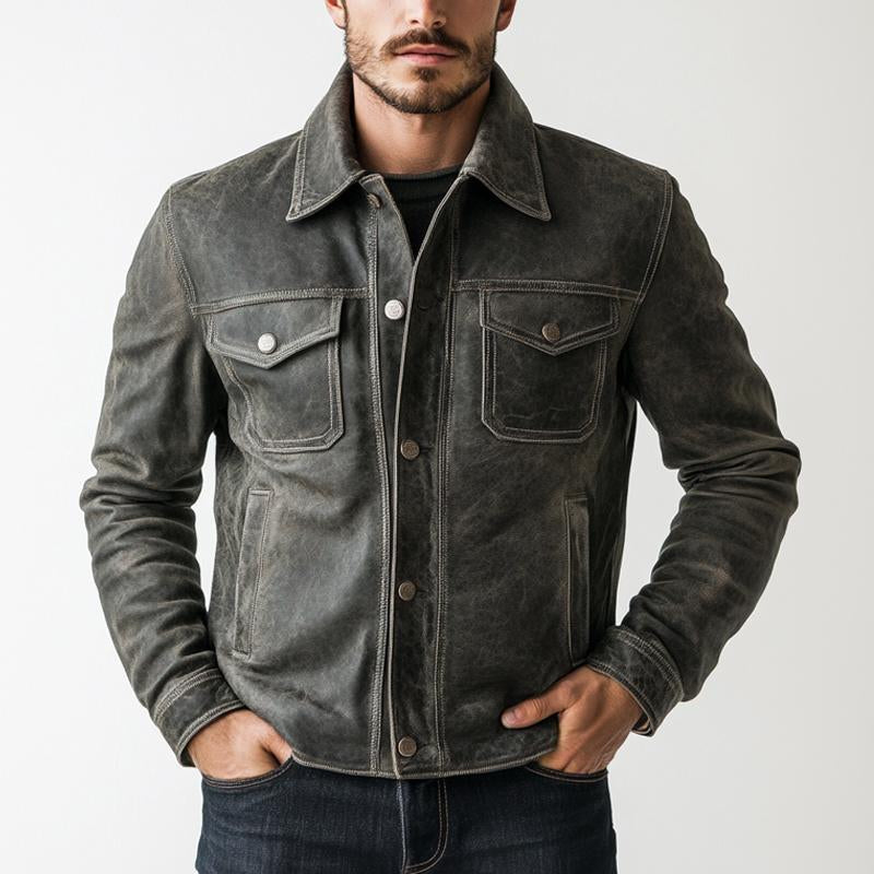 Men's Vintage Distressed Grey Leather Jacket 9272270192824