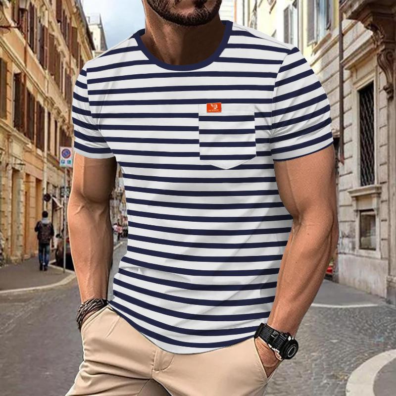 Men's Retro Striped Chest Pocket Short Sleeved T-Shirt 9261135462584