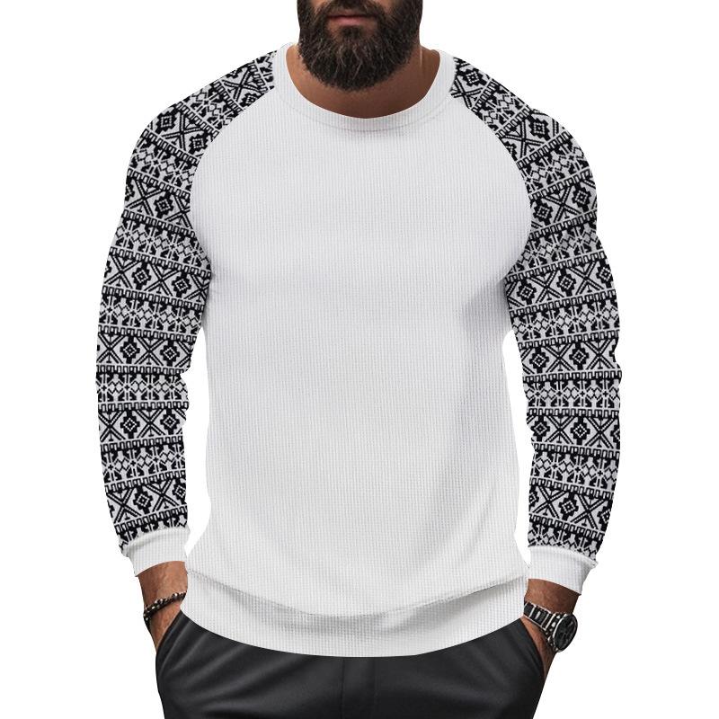 Men's Casual Waffle Print Patchwork Slim Fit Long Sleeve T-shirt 9261143589048