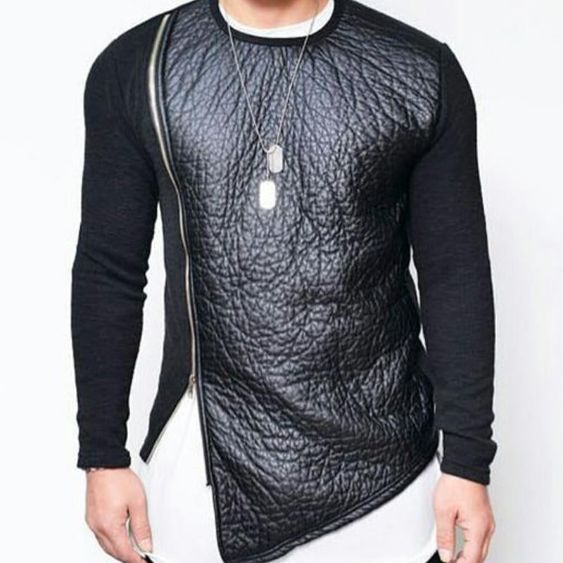 Men's Leather Stitching Zip-up Round Neck Long-sleeved T-shirt 9273155682488