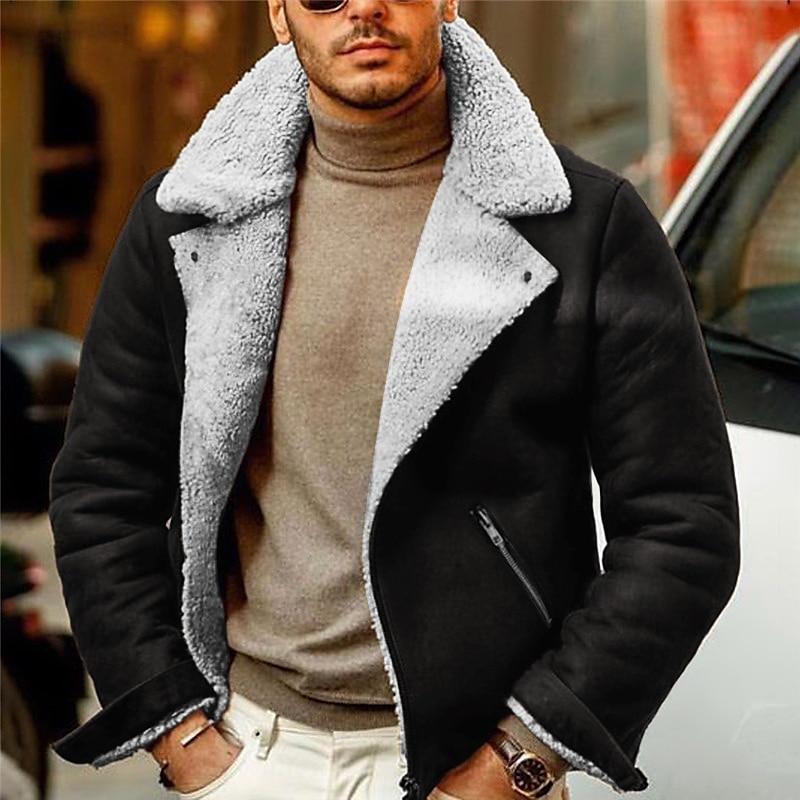 Men's Solid Lapel Plush Zip-Up Jacket 9261091684536