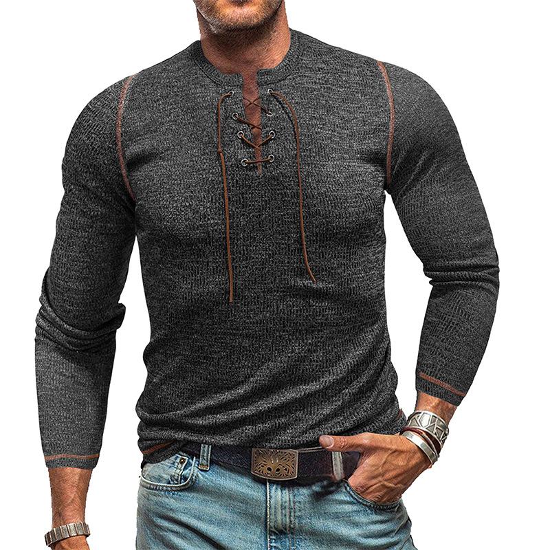 Men's Crew Neck Tie Long Sleeve Outdoor Henley T-Shirt 9261137789112
