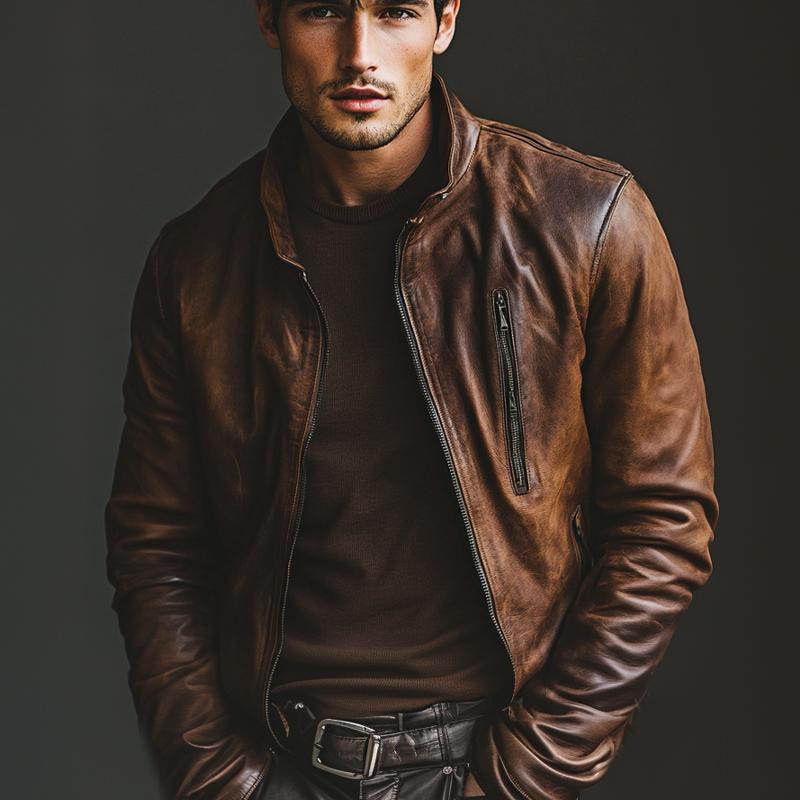 Men's Vintage Stand Collar Zipper Leather Jacket 9273155944632