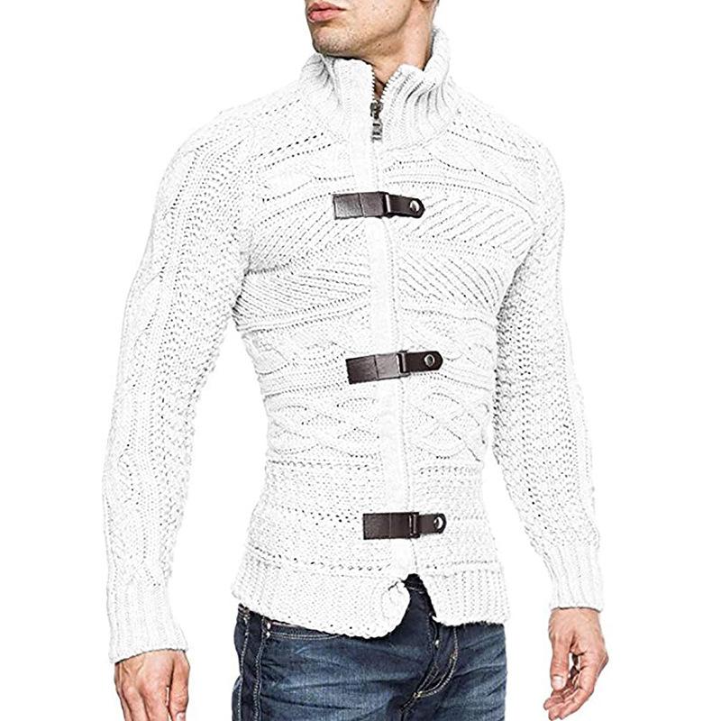 Herren-Strickjacke aus Leder mit Knopfleiste, Rollkragen, langen Ärmeln, 05316226M