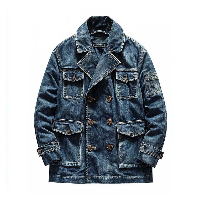 Men's Classic Casual Double Breasted Multi-Pocket Denim Jacket 9266614468792