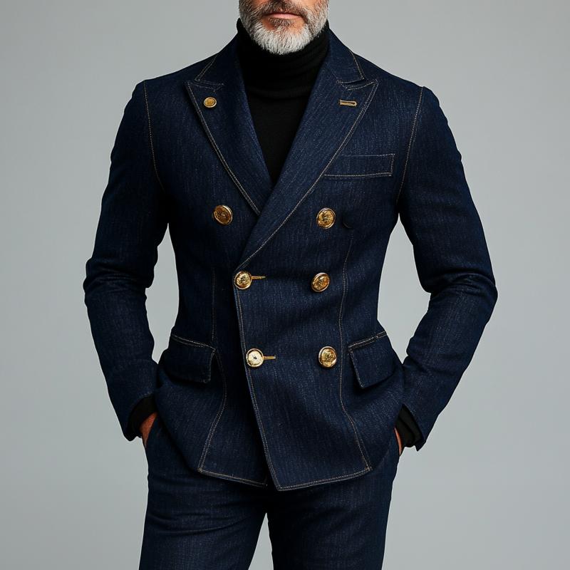 Men's Fashionable Denim Double Breasted Blazer 9261079593144