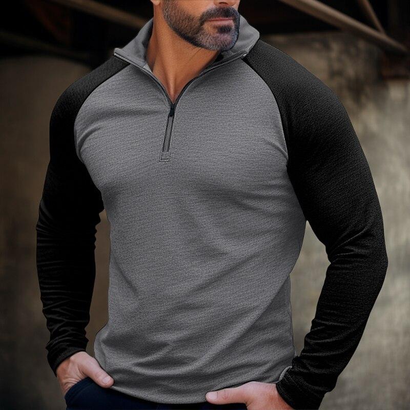 Men's Casual Half-Zip High-Neck Color Matching Raglan Sleeves T-Shirt 9268189135032
