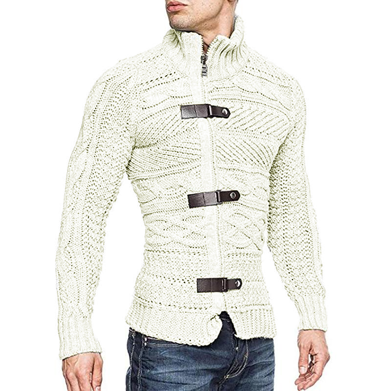 Herren-Strickjacke aus Leder mit Knopfleiste, Rollkragen, langen Ärmeln, 05316226M