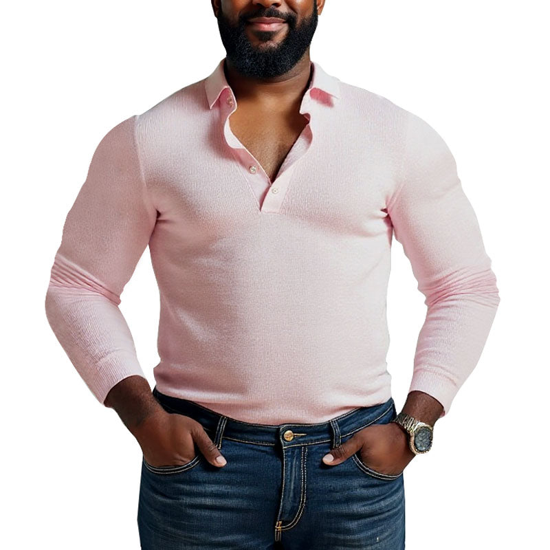 Men's Half-Open Collar Pink Long-Sleeved Knitted T-Shirt 9888735396024