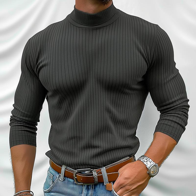 Men's Solid Color Striped Short High Collar Long Sleeve Casual T-shirt 9261137559736