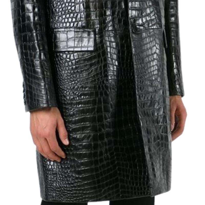 Men's Classic Mid-length Lapel Croc-effect Leather Coat 9885321887928