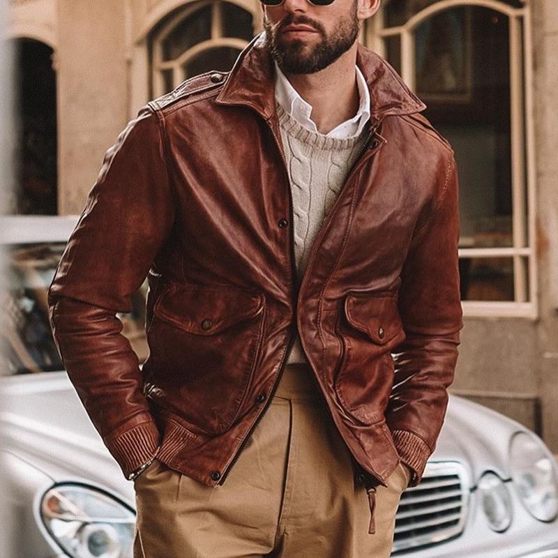 Men's Vintage Multi Pocket Zipper Leather Jacket 9261093847224