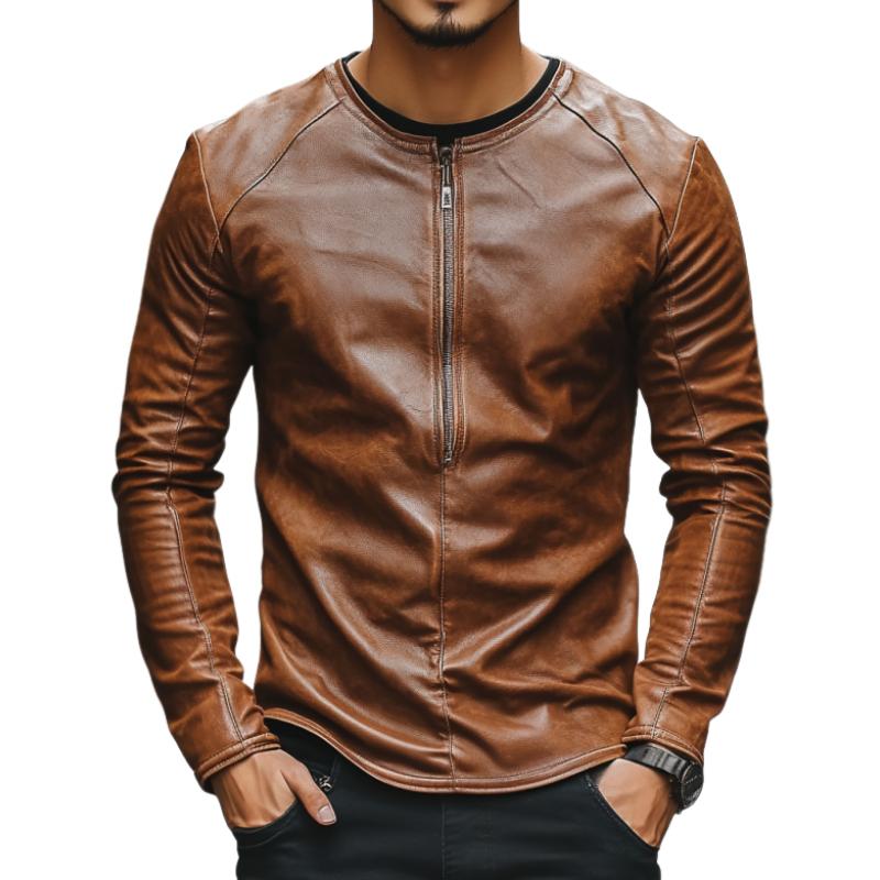 Men's Casual Fashion Round Neck Zipper Slim Leather Long Sleeve T-Shirt 9885322477752