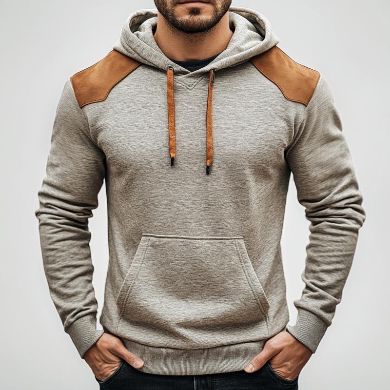 Men's Fashion Cotton Suede Patchwork Slim Fit Kangaroo Pocket Hoodie 9271920853176