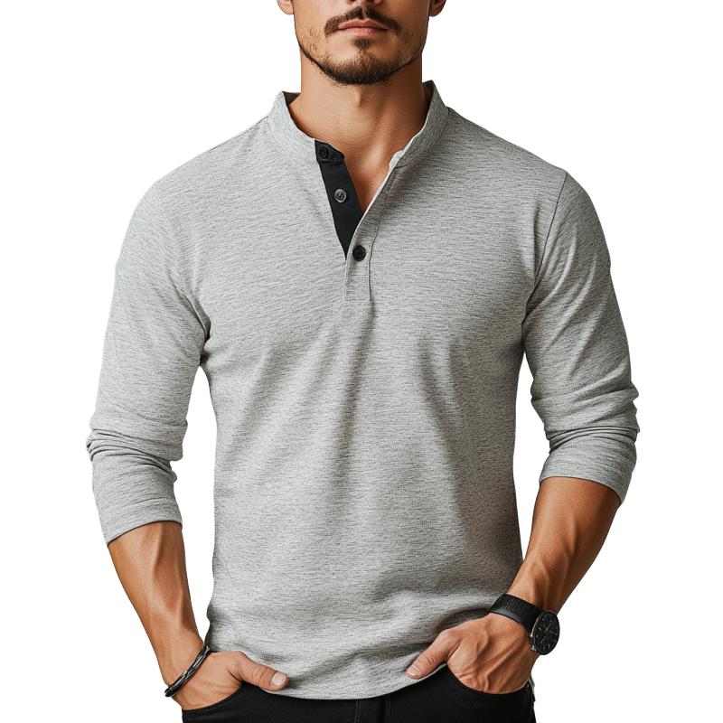 Men's Classic Casual Stand Collar Cotton Long Sleeve T-Shirt 9873134715064