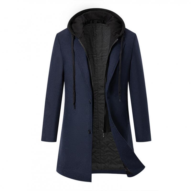 Men's Solid Color Padded Hooded Mid-Length Woolen Coat 9261104529592