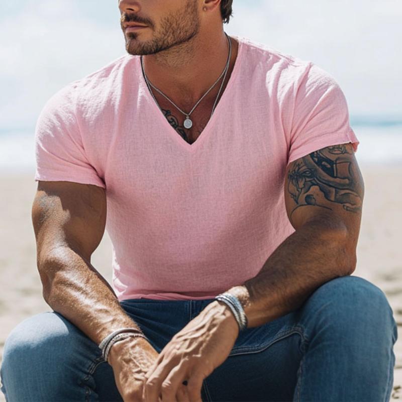 Men's Casual Cotton Linen V-neck Slim Short-sleeved T-shirt 9880238948536