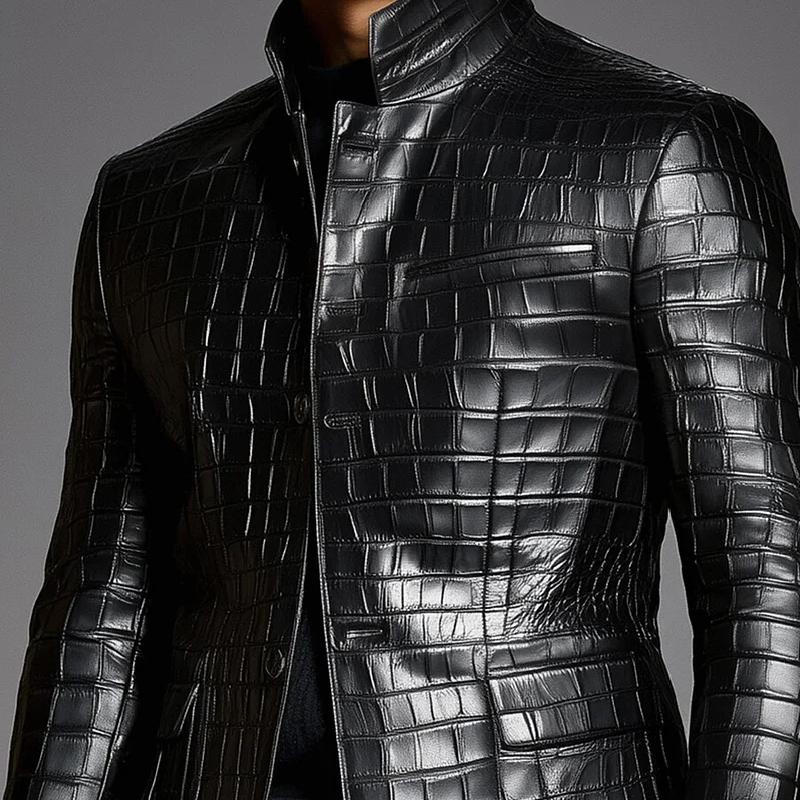 Men's Fashion Check Embossed Lapel Single Breasted Leather Blazer 9877217476792