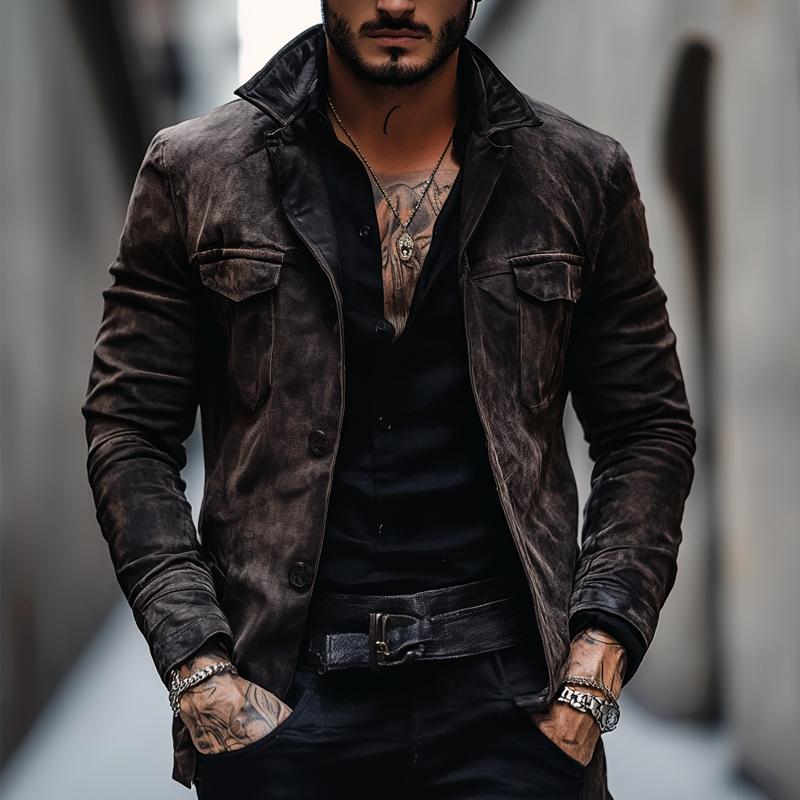Men's Vintage Distressed Suede Lapel Chest Pocket Single Breasted Jacket 9873134092472