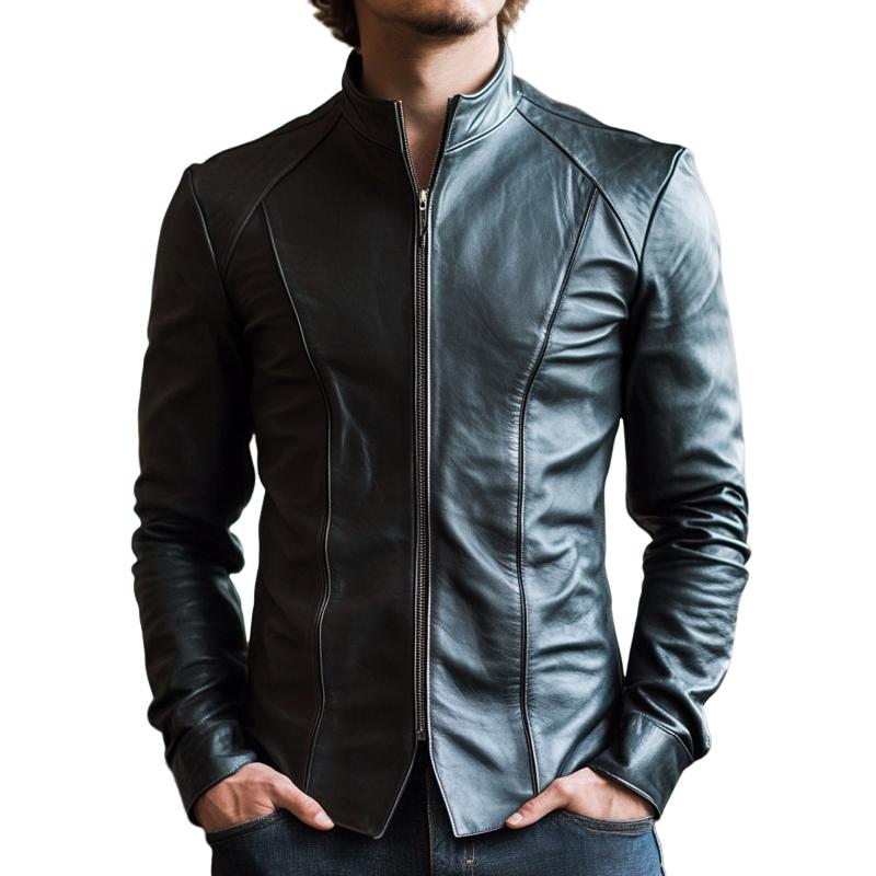 Men's Slim-fit Stand Collar Zip-up Leather Jacket 9877925003448