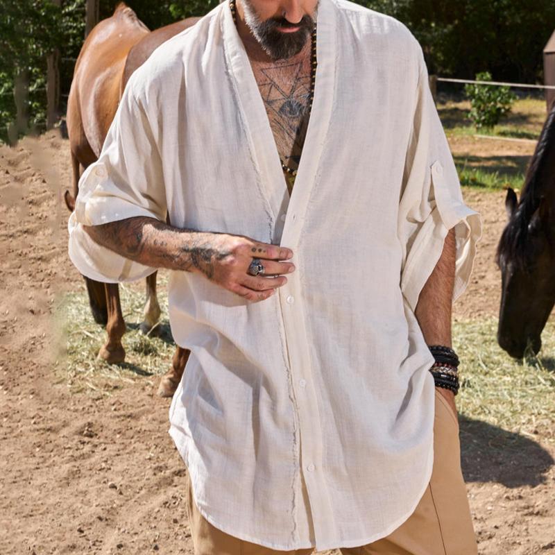 Men's Solid Color Loose V Neck Half Sleeve Shirt 9879142334648