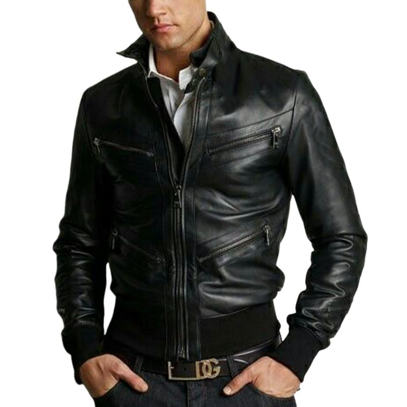 Men's Slim Fit Black Stand Collar Zip-up Leather Jacket 9268190380216