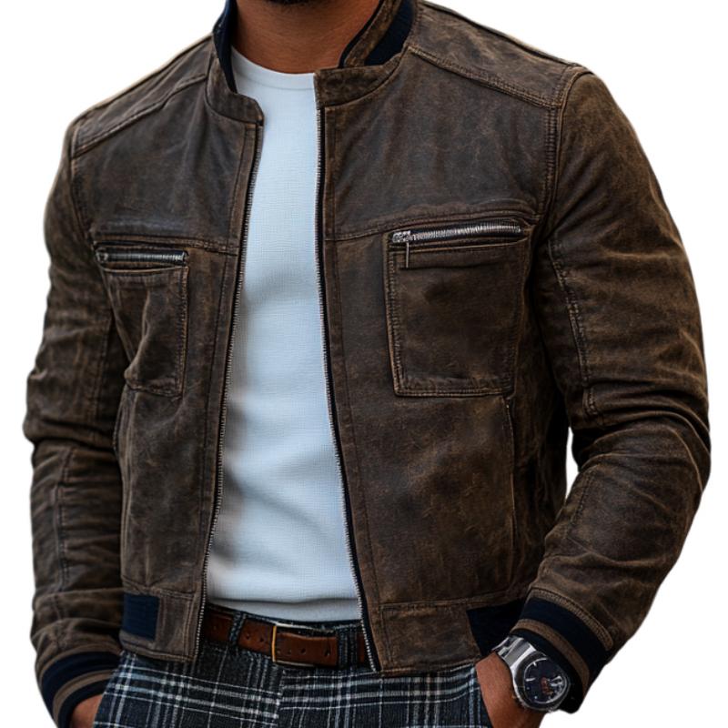 Men's Classic Slim Stand Collar Zipper Casual Leather Jacket 9269592129720
