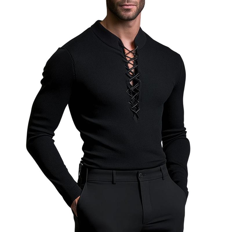 Men's Casual Solid Color Ribbed Neck Tie Slim Fit Long Sleeve T-shirt 9877642969272