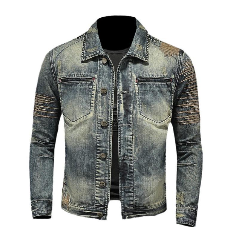 Men's Vintage Washed Lapel Slim Fit Denim Motorcycle Jacket 9261088932024