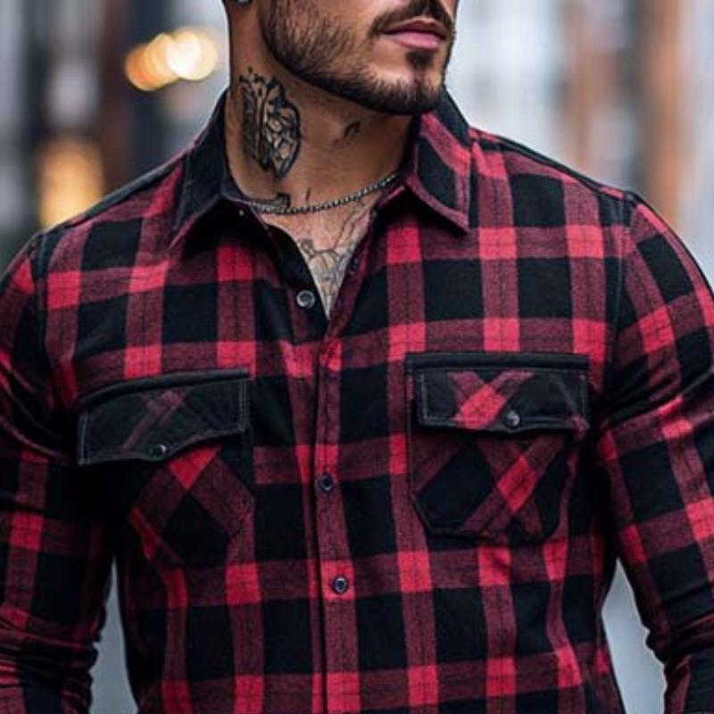 Men's Classic Casual Plaid Multi-Pocket Slim Fit Long Sleeve T-Shirt 9873140351160