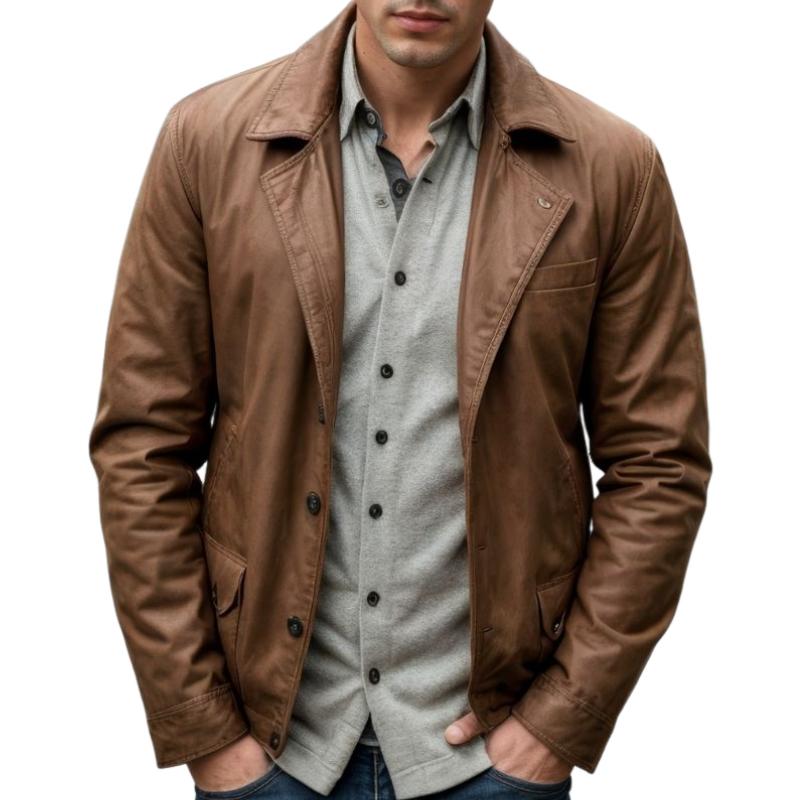 Men's Vintage Leather Notched Lapel Single Breasted Loose Fit Blazer 9884641722552