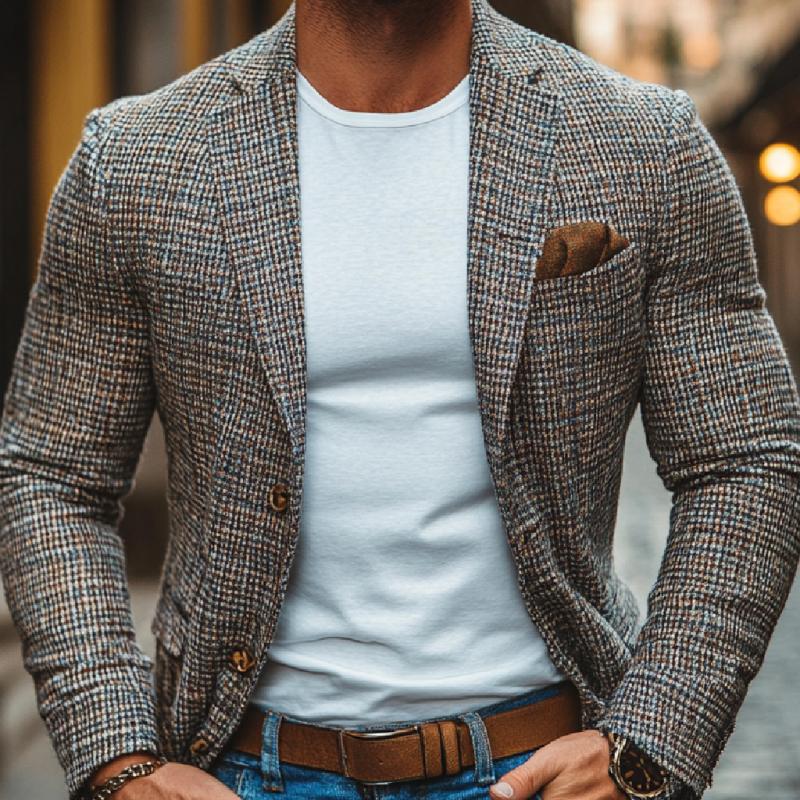 Men's Casual Tweed Notch Lapel Single-breasted Slim-fit Blazer 9273156632760