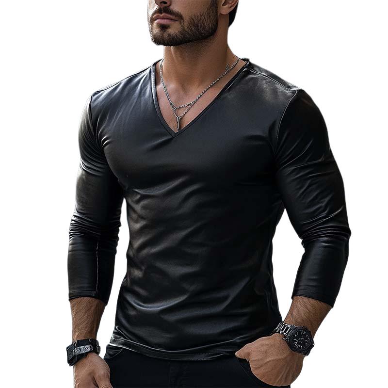 Men's Classic Casual V-Neck Leather Long Sleeve T-Shirt 9873134780600