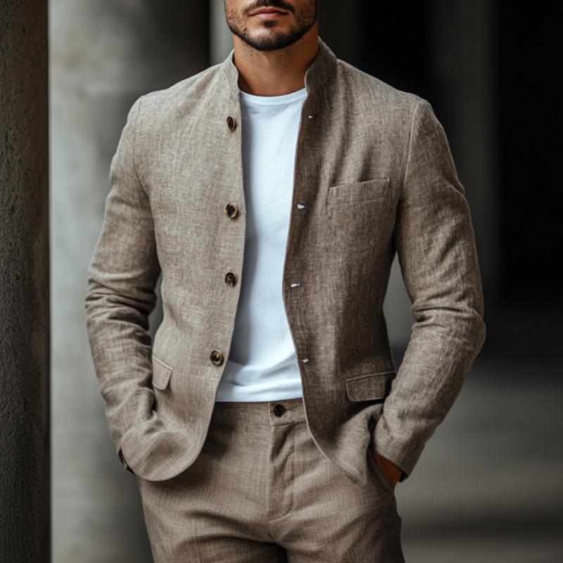 Men's Casual Linen Stand Collar Single Breasted Slim Fit Blazer 9880239276216