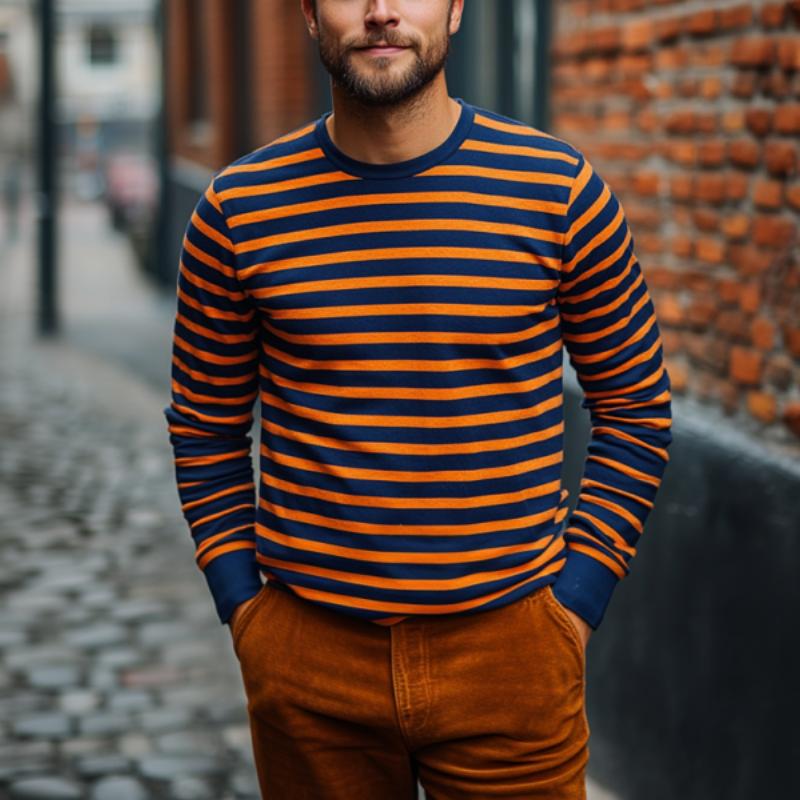 Men's Classic Casual Round Neck Horizontal Striped Cotton Long-sleeved T-shirt 9882786988216