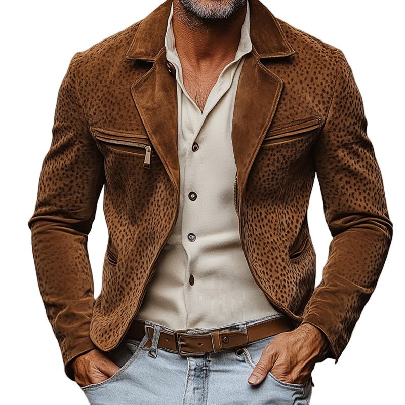 Men's Vintage Leopard Suede Lapel Multi-pocket Slim Jacket 9879659872440