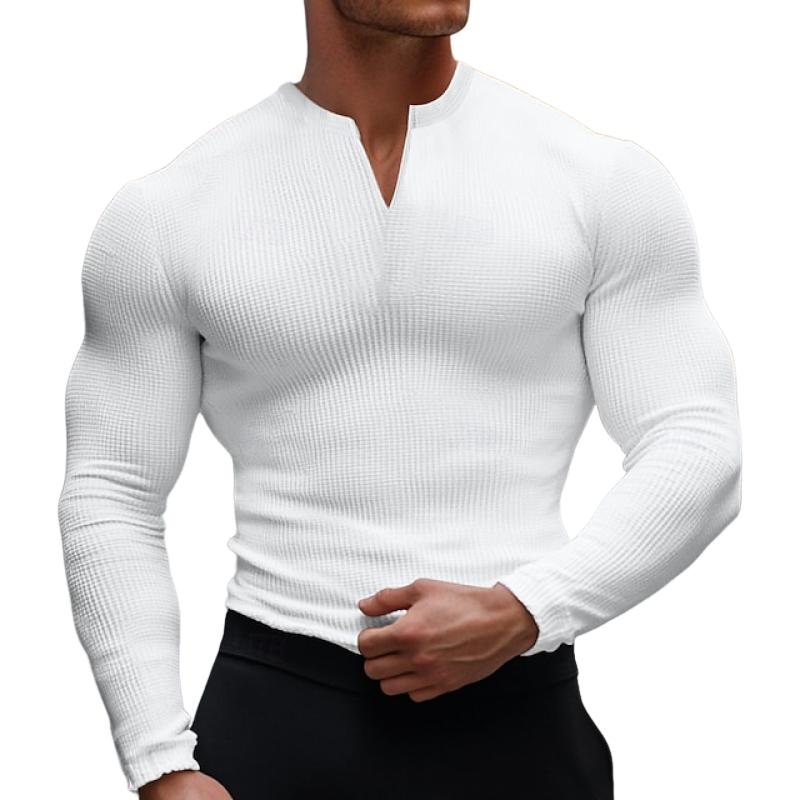 Men's Fashion Solid Color Waffle Slim Fit Long Sleeves T-Shirt 9883356233912