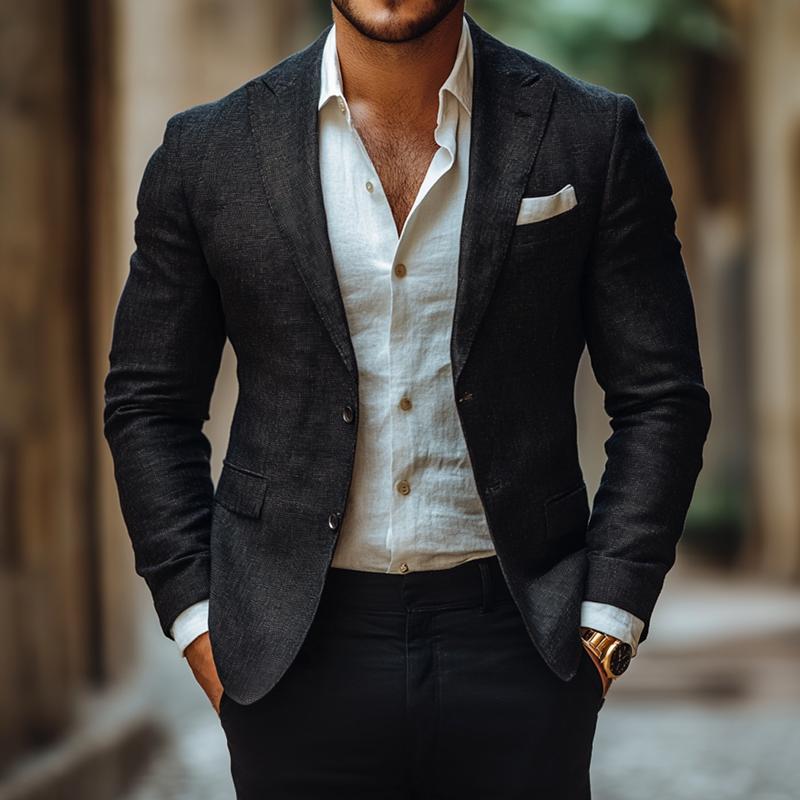 Men's Fashion Solid Color Linen Peak Lapel Two Buttons Casual Blazer 9885838966968