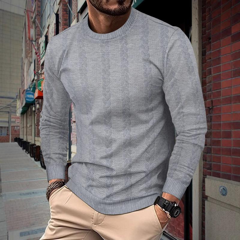 Men's Casual Solid Color Round Neck Jacquard Long Sleeve T-Shirt 9261143883960
