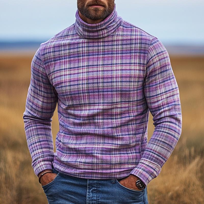 Men's Vintage Checked High Collar Long Sleeve Casual T-shirt 9884640575672