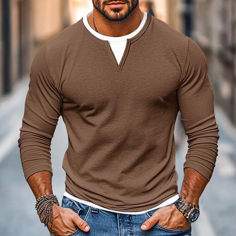 Men's Casual Color Matching Fake Two-Piece Double-Layer V-Neck Long-Sleeved T-Shirt 9268189003960