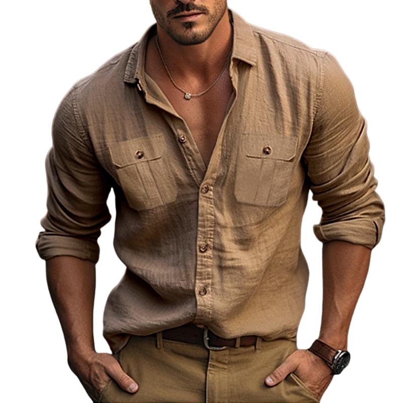 Men's Solid Color Double Pocket Cotton and Linen Long Sleeve Shirt 9261778305208