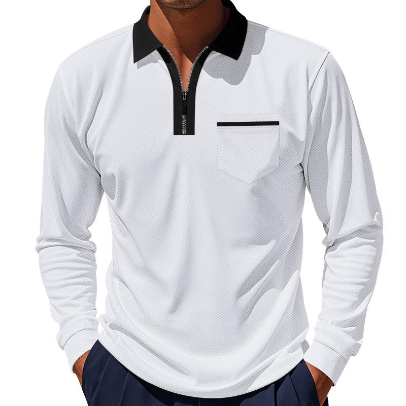 Men's Colorblock Lapel Chest Pocket Long Sleeve Casual Polo Shirt 9274152026296