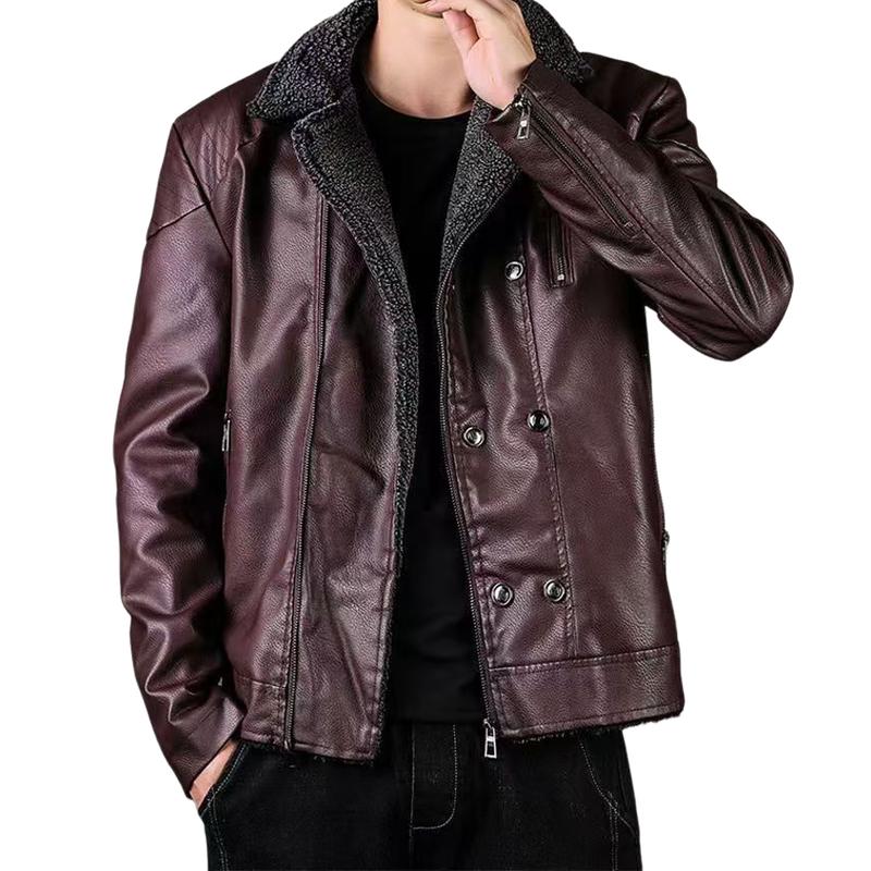 Men's Vintage Leather Fleeve Warm Zipper Slanted Placket Blazer 9268189855928